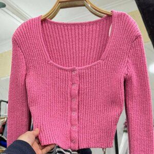 Cute Pink Ribbed Knit Cropped Cardigan Button Up 💕